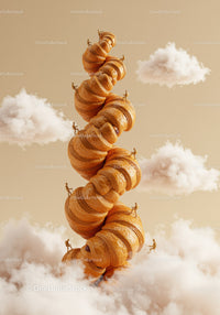 Miniature figures climbing giant stacked croissants in clouds