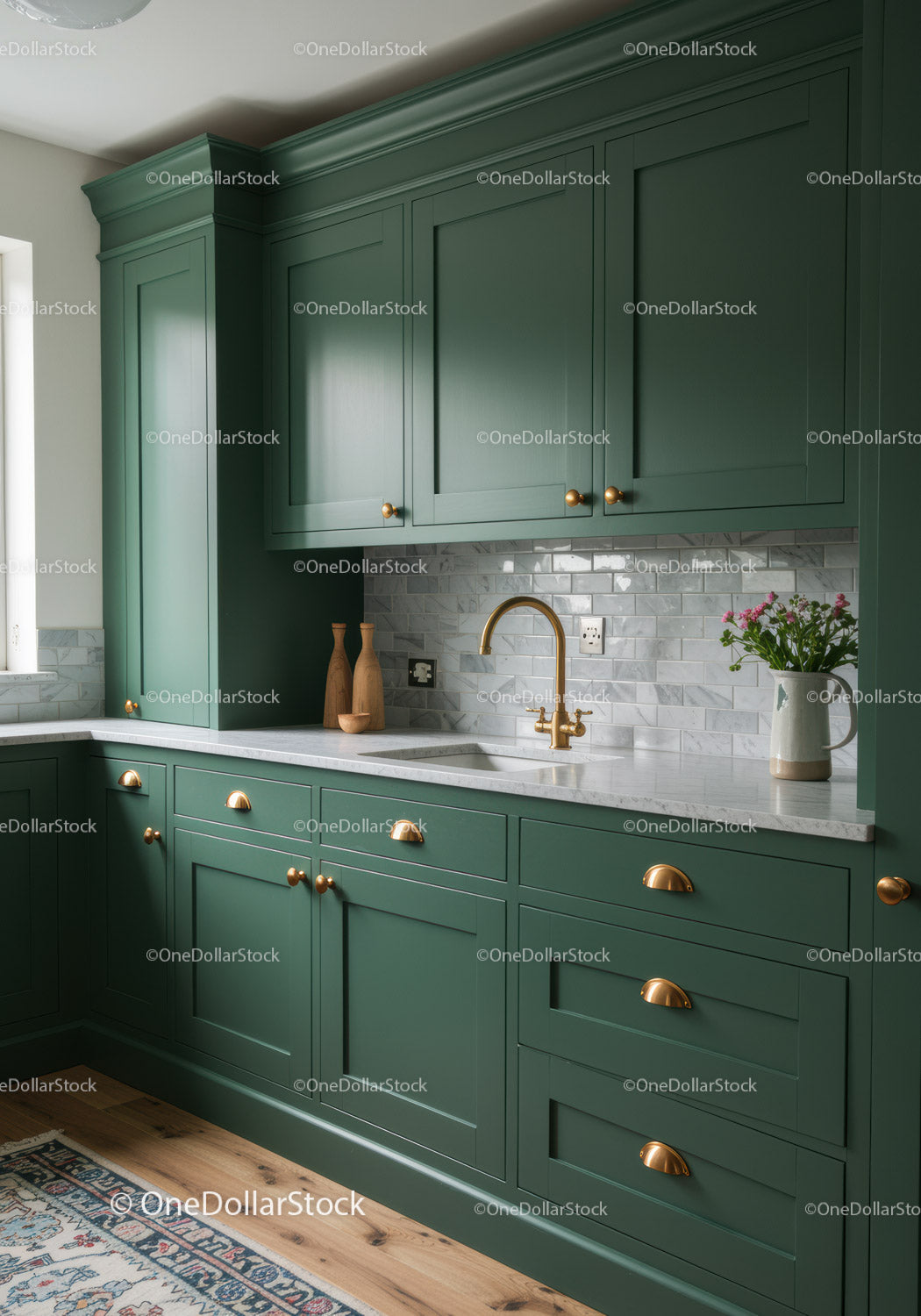 Elegant Green Kitchen Cabinets with Gold Hardware and Marble Countertop