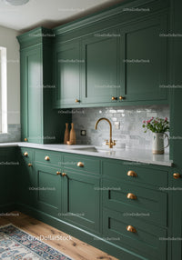 Elegant Green Kitchen Cabinets with Gold Hardware and Marble Countertop