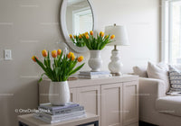 Elegant Living Room Decor with Yellow Tulips and Modern White Furniture