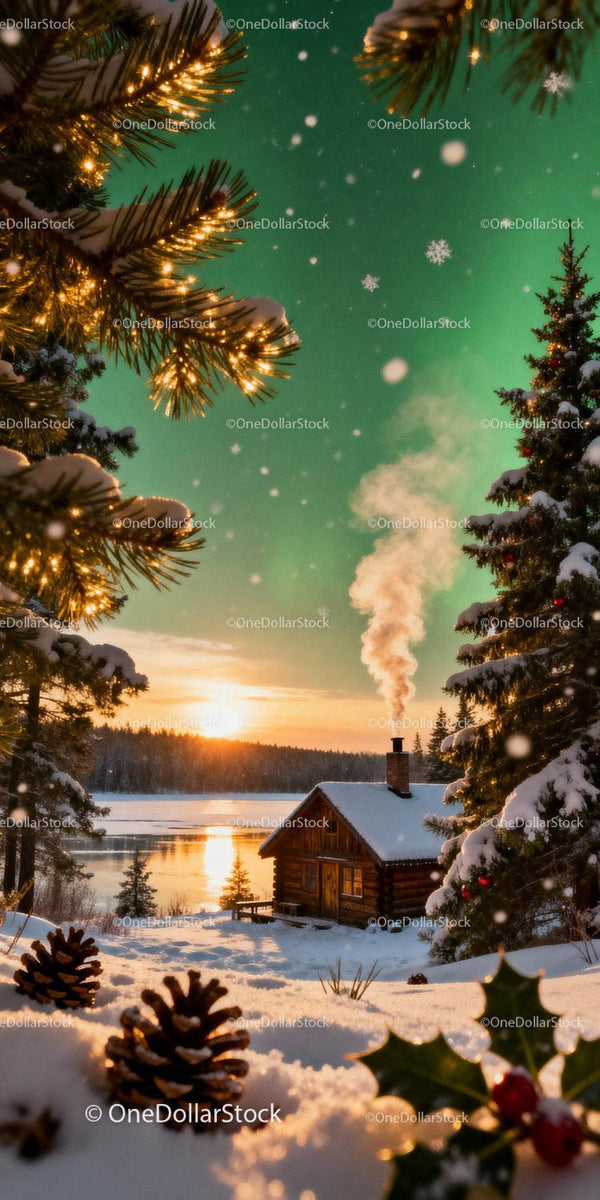 Cozy winter cabin by frozen lake at sunset