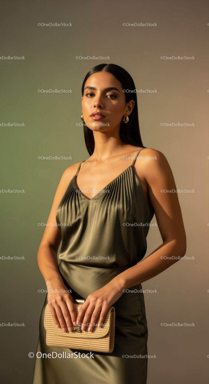 Elegant Woman in Satin Dress with Gold Accessories and Handbag