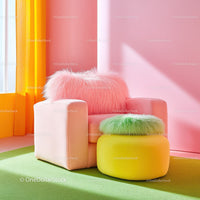 Bright Pink Armchair with Lime Green Cushion and Yellow Ottoman in Modern Living Room