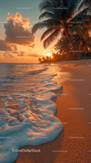 Sunset Over Tropical Beach with Palm Trees and Clear Ocean Water