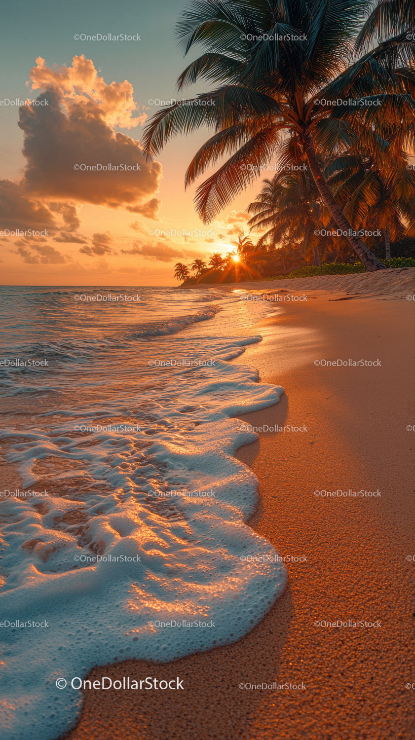 Sunset Over Tropical Beach with Palm Trees and Clear Ocean Water