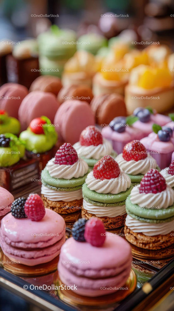 Colorful Assorted Macarons and Fruit-Topped Pastries at Bakery Display