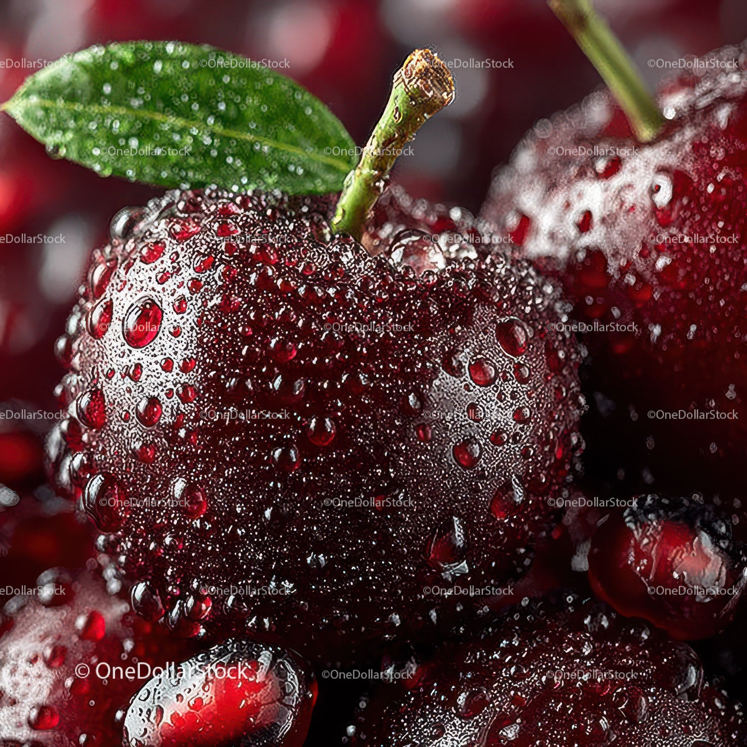 Close-up of Juicy Red Cherries with Water Droplets