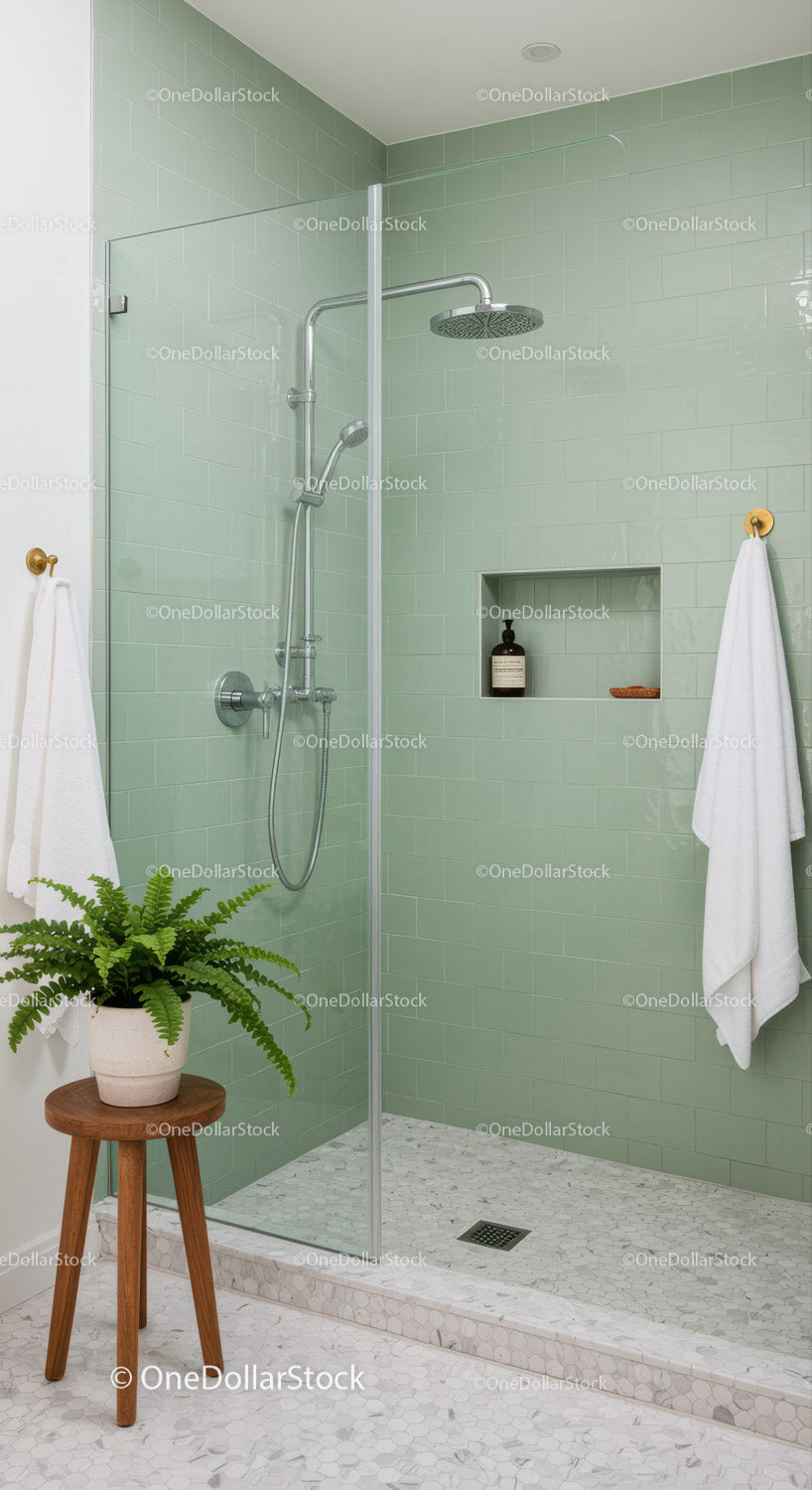Modern minimalist shower with green tiles and plant