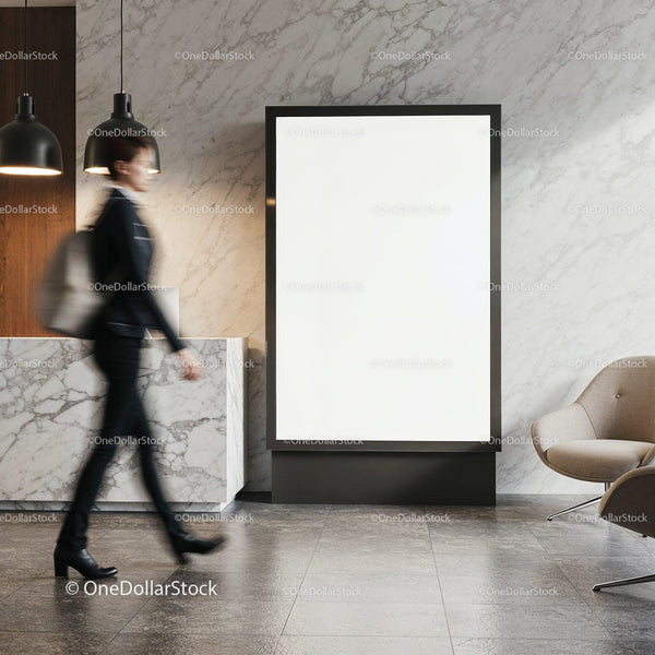 Professional woman walking past blank billboard in lobby JPG Mockup Image