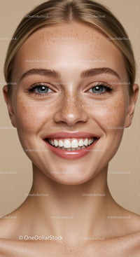 Close up of smiling woman with natural freckles