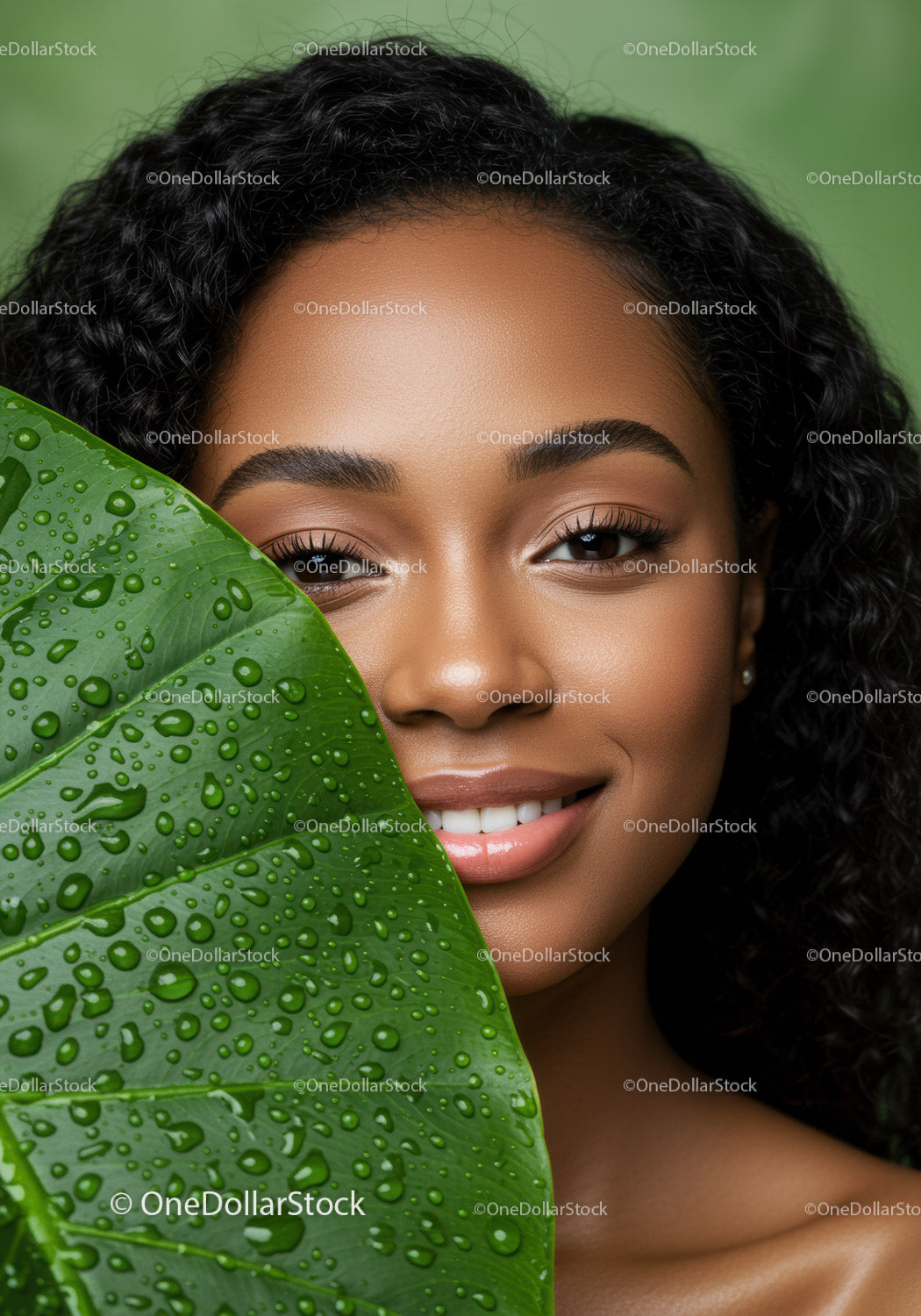 Close-up Portrait of Smiling Black Woman with Green Leaf and Water Droplets