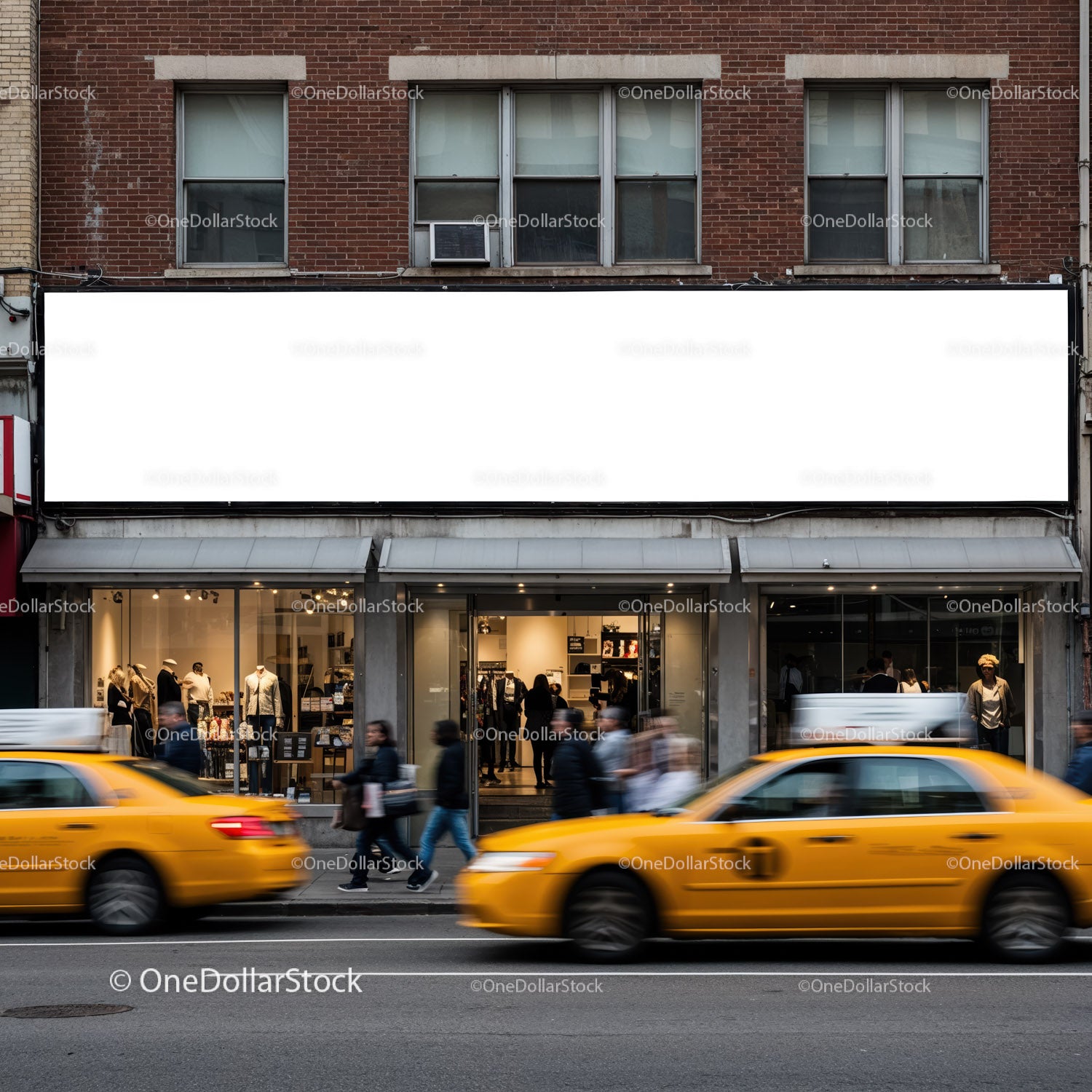Urban street scene with clothing store and yellow taxis