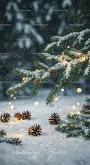 Snowy Pine Branches with Warm Christmas Lights