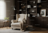 Cozy beige armchair with soft throw in warm living room