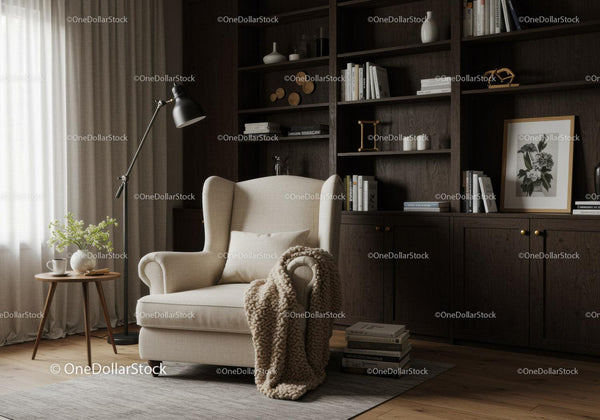 Cozy beige armchair with soft throw in warm living room