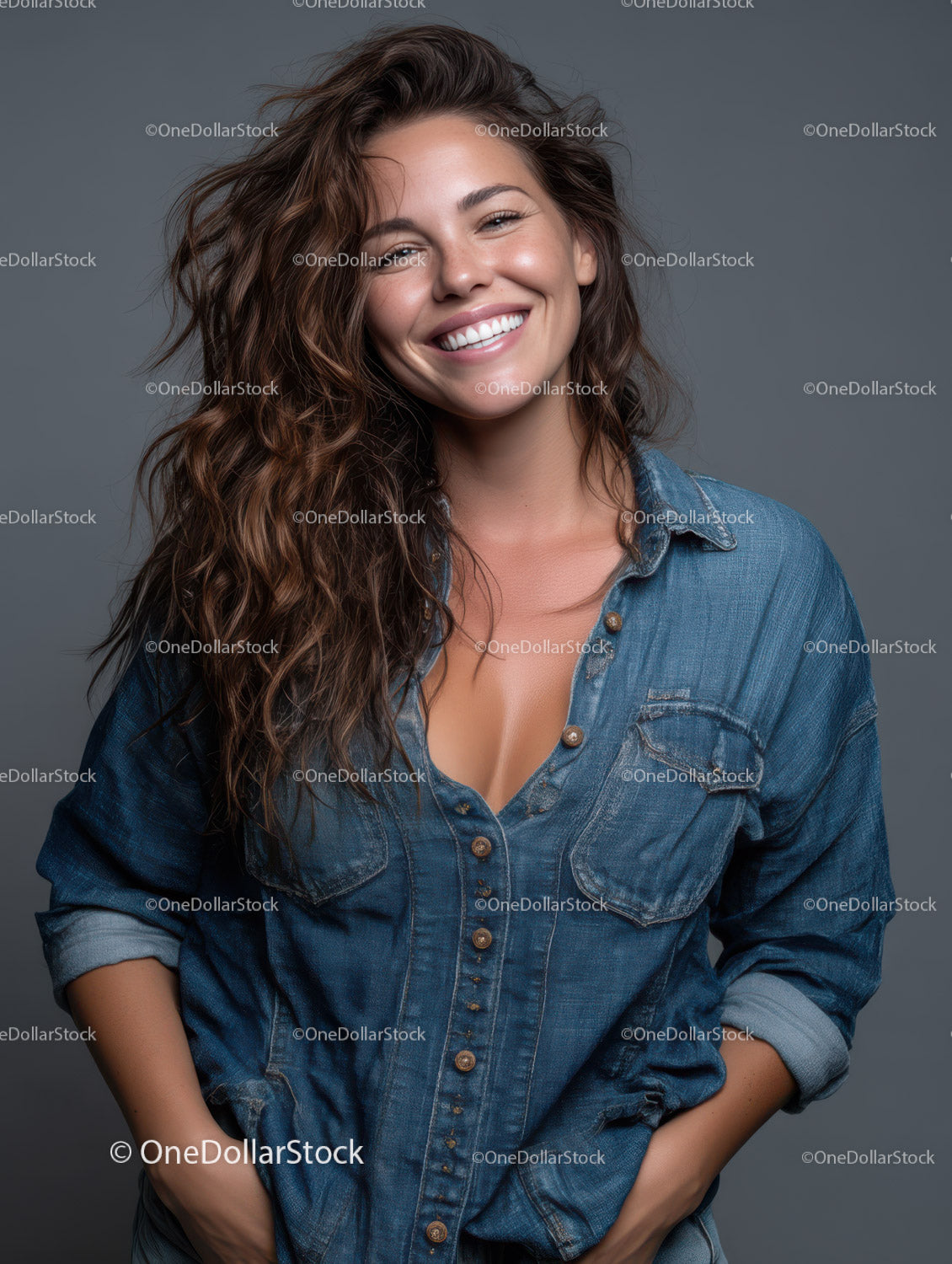Young Woman Smiling in Casual Denim Outfit Studio Portrait