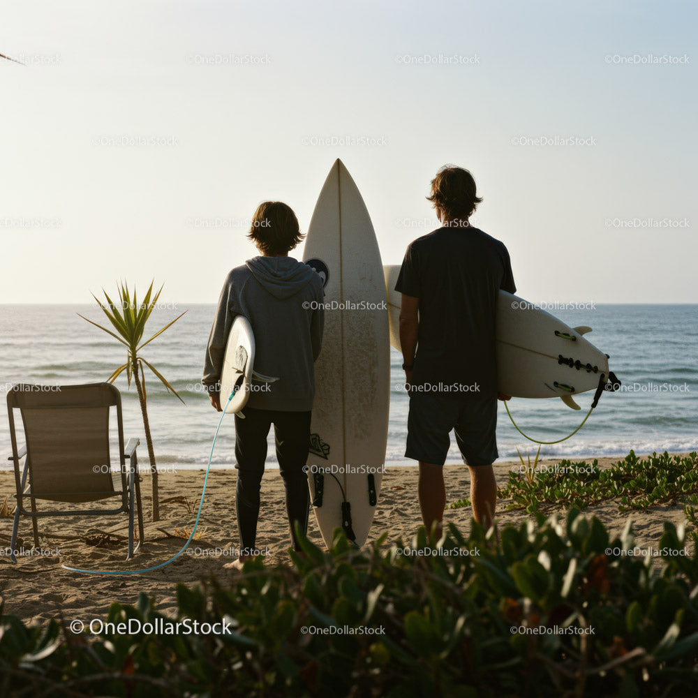 Young adults with surfboards enjoying sunset at the seaside