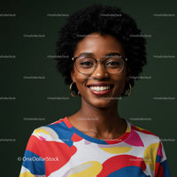 Young Woman with Afro Hair Wearing Colorful Shirt and Glasses