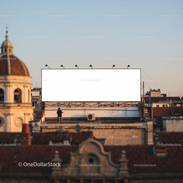 Large Blank Billboard Above Urban Rooftops at Sunset JPG Mockup Image