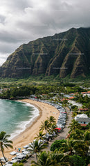 Lush Mountain Landscape with Coastal Beach and Palm Trees Scene