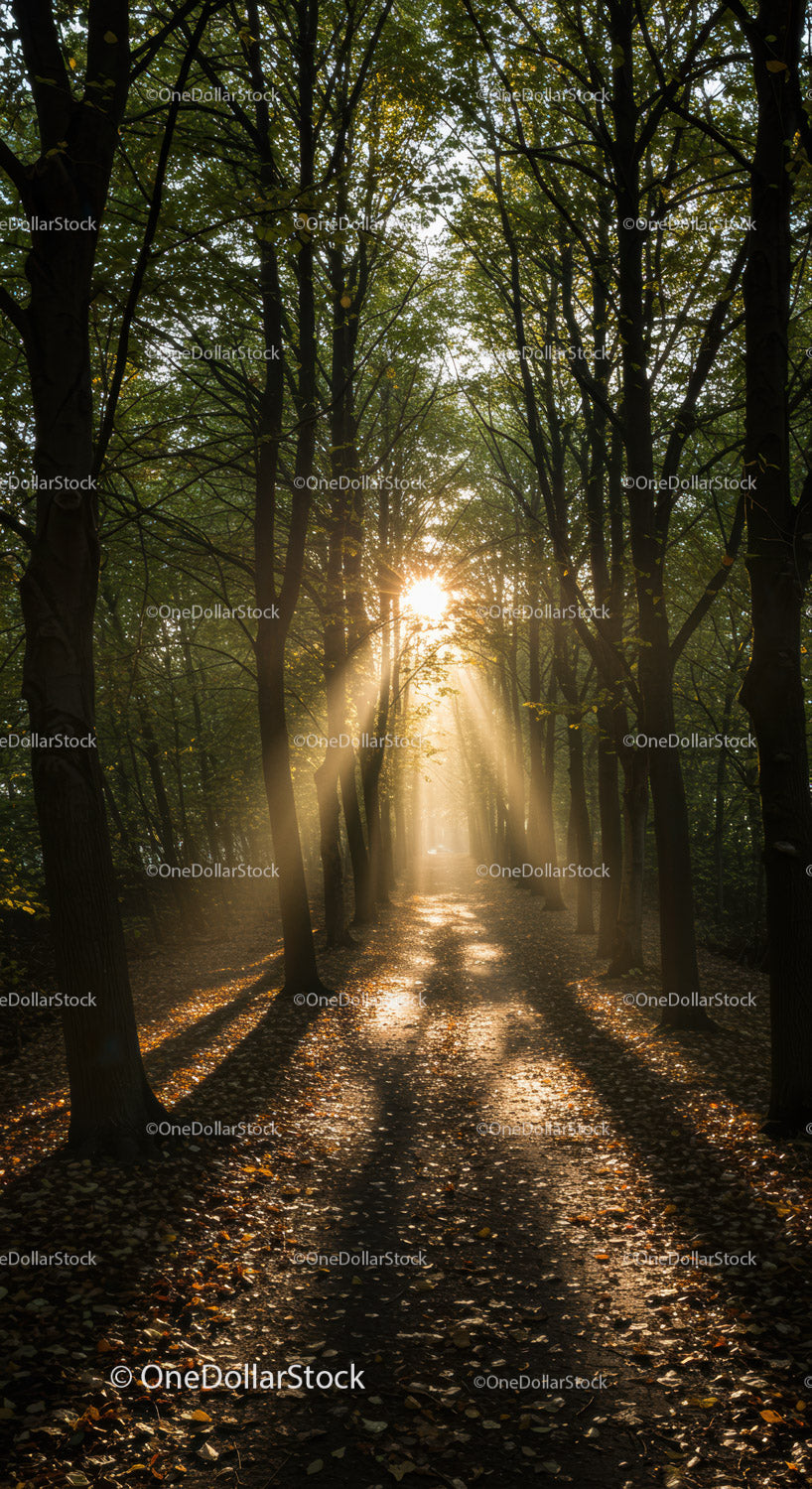 Sunlight Streaming Through Trees on Woodland Path