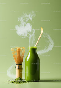 Green Matcha Tea in Bottle with Traditional Whisk