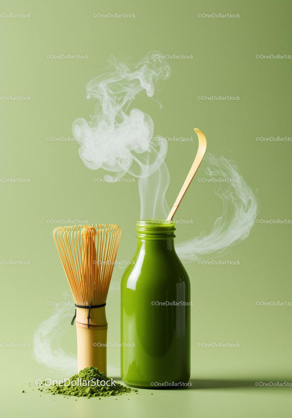Green Matcha Tea in Bottle with Traditional Whisk