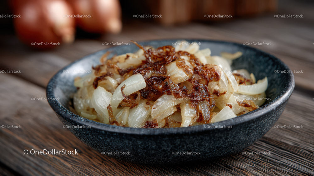 Bowl of Caramelized Onions on Wooden Table for Cooking and Food Photography
