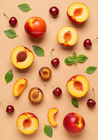 Fresh nectarines and cherries with green basil leaves