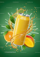 Refreshing Mango Orange Drink Splash with Green Leaves