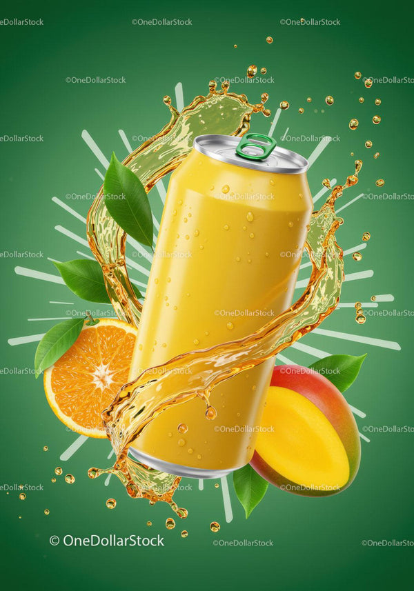 Refreshing Mango Orange Drink Splash with Green Leaves JPG Mockup Image