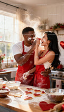 Couple baking heart shaped cookies in cozy kitchen