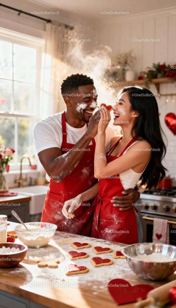 Couple baking heart shaped cookies in cozy kitchen