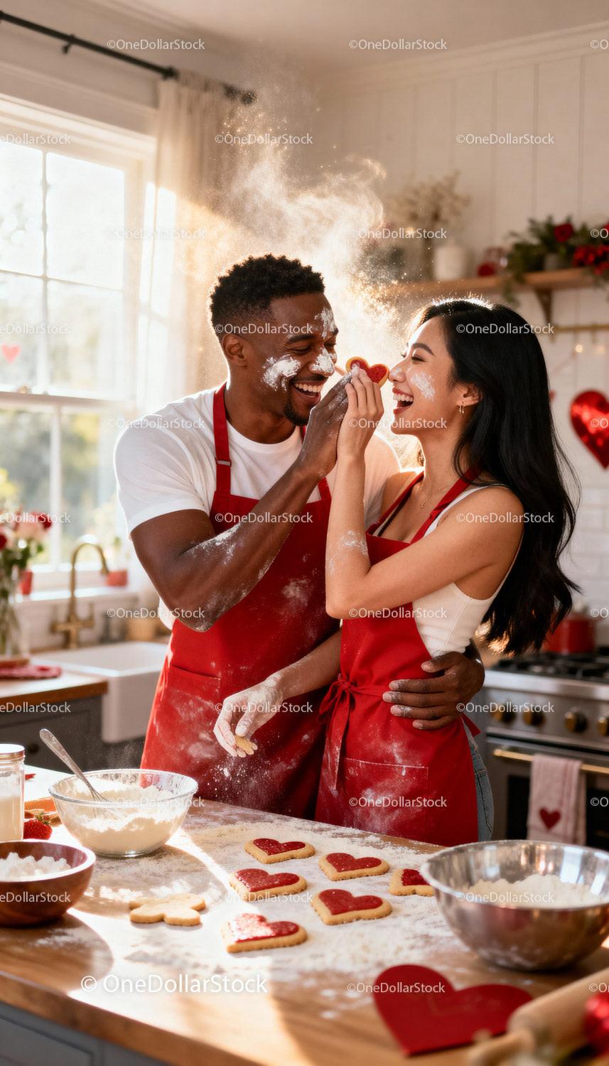 Couple baking heart shaped cookies in cozy kitchen