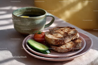 Rustic Toasted Bread with Tomato and Cucumber Accompanied by Coffee