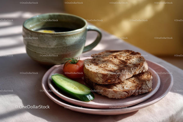 Rustic Toasted Bread with Tomato and Cucumber Accompanied by Coffee