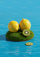 Fresh lemons and sliced kiwi on moss floating on water