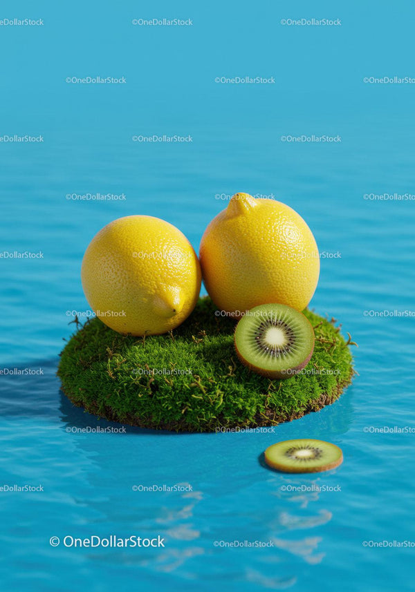Fresh lemons and sliced kiwi on moss floating on water