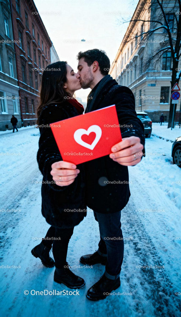 Couple Sharing a Kiss Holding a Red Heart Card Outdoors