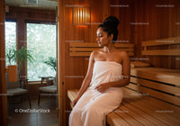 Relaxing Woman Sitting in Sauna Room with Wooden Interior