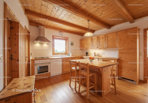 Cozy Rustic Wooden Kitchen with Modern Appliances and Warm Lighting