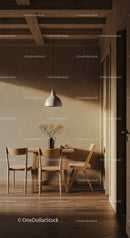 Cozy Dining Area with Wooden Furniture and Warm Lighting