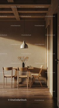 Cozy Dining Area with Wooden Furniture and Warm Lighting
