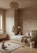 Cozy Nursery Room with Wooden Bed and Soft Decor in Warm Tones