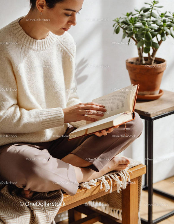Calm woman reading a book in a cozy sunlit corner