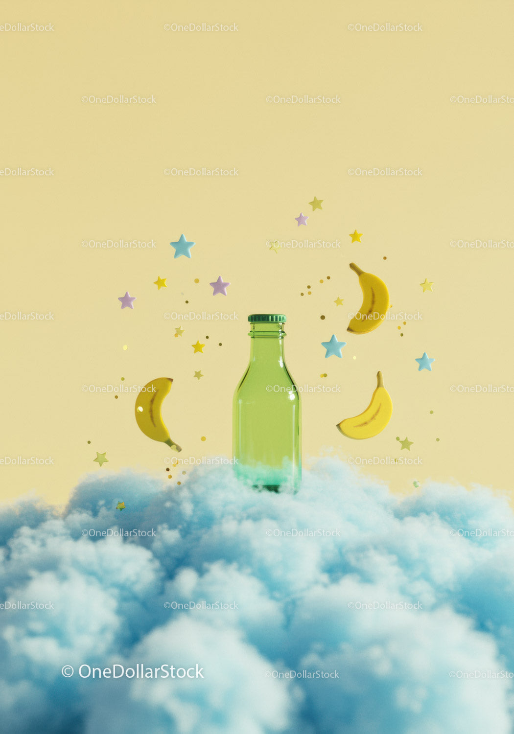 Green glass bottle floating above soft blue clouds