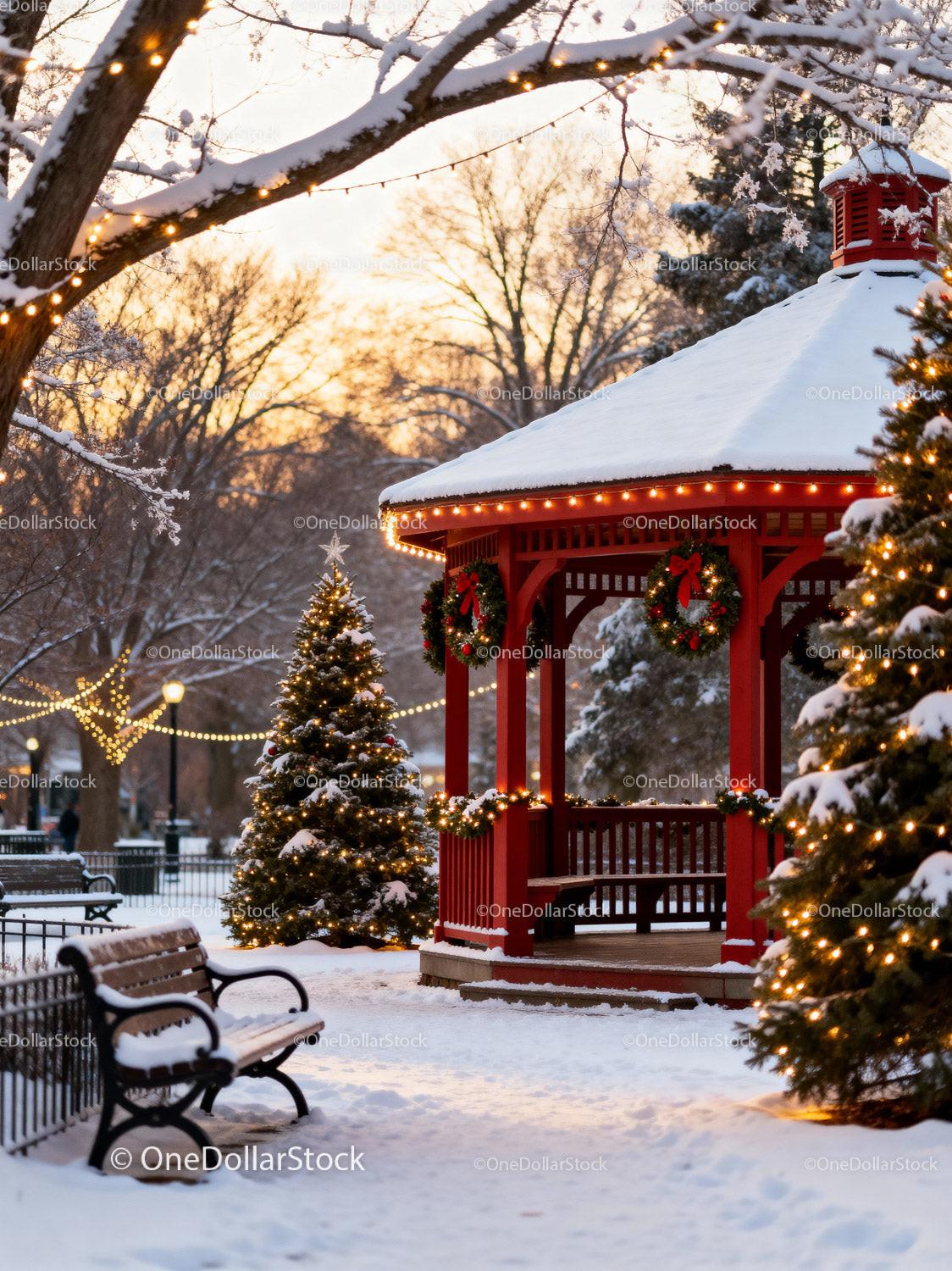 Snowy Park Gazebo Decorated with Christmas Lights