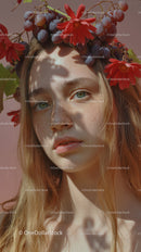 Young Woman with Red Floral Crown and Purple Grapes Outdoor Portrait