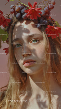 Young Woman with Red Floral Crown and Purple Grapes Outdoor Portrait
