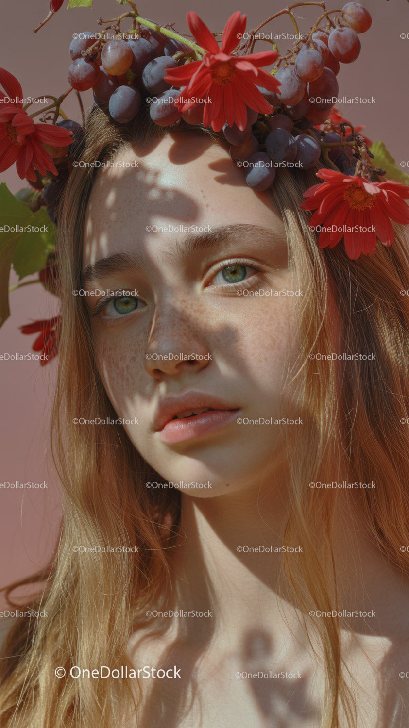 Young Woman with Red Floral Crown and Purple Grapes Outdoor Portrait